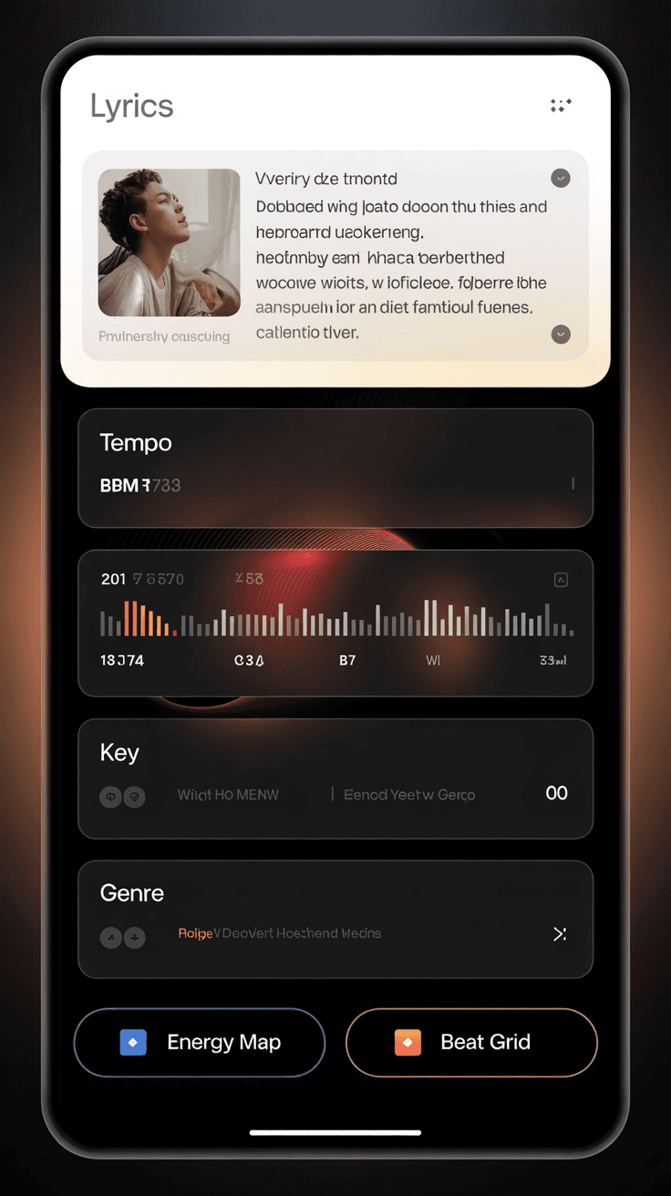 SongAnalyzerPro mobile-style analysis widget showing lyrics, tempo, key, genre, energy map, and beat grid panels